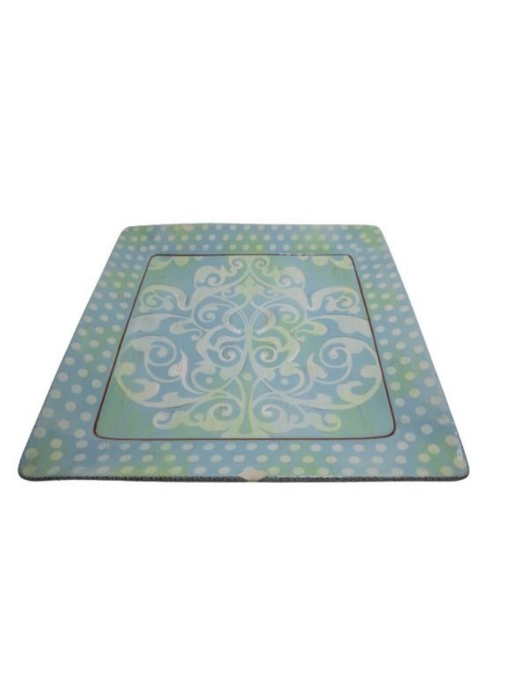 Damask Dot  Clay Art Square Platter Blue White Dots 14 in Shabby Chipped